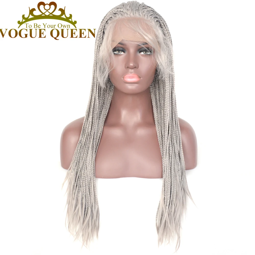 Vogue Queen Grey Braided Synthetic Lace Front Wig Heat Resistant Fiber 24 Inch For Women