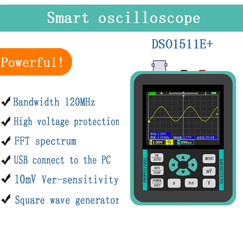 

Handheld Mini Digital Oscilloscope with 2.4 Inches TFT Color LCD Screen 120M Bandwidth 500M Sampling Rate for Maintenance