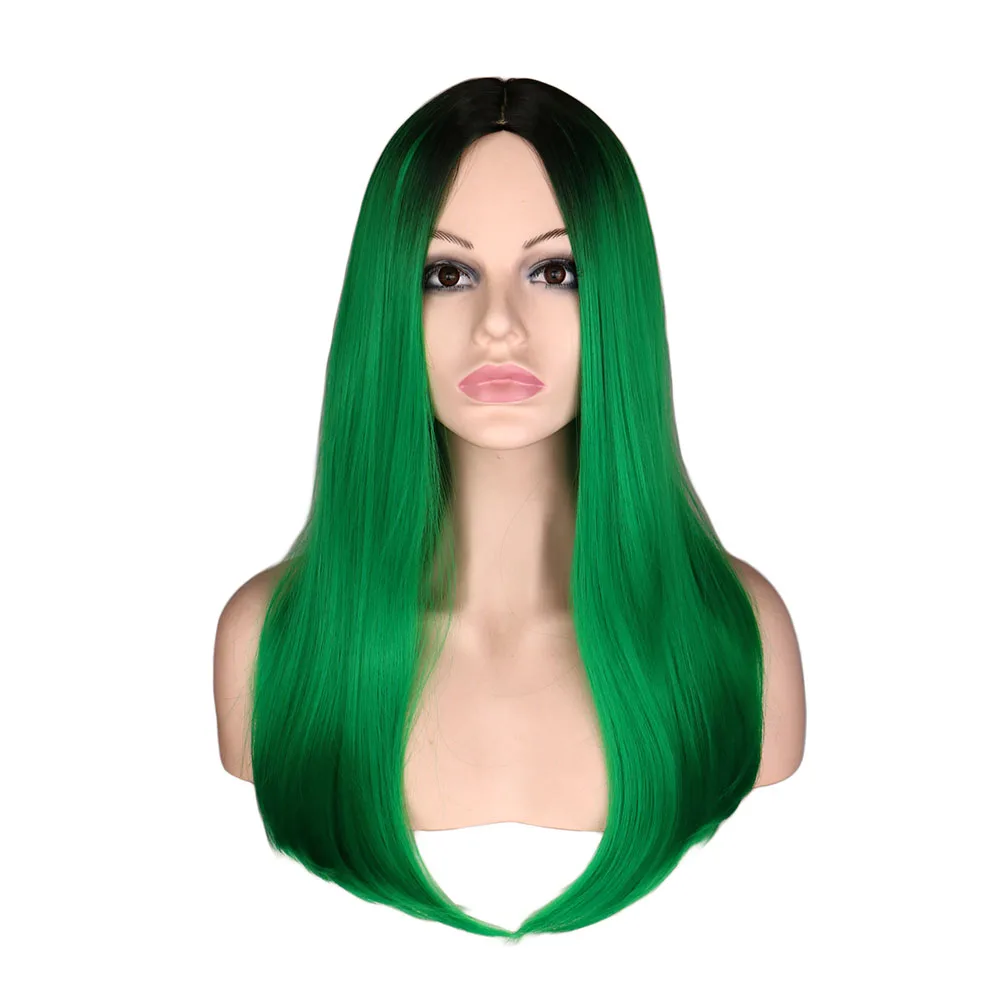 

QQXCAIW Women Medium Long Straight Wig Cosplay Black Ombre Green Synthetic Wigs Heat Resistant Fiber Hair