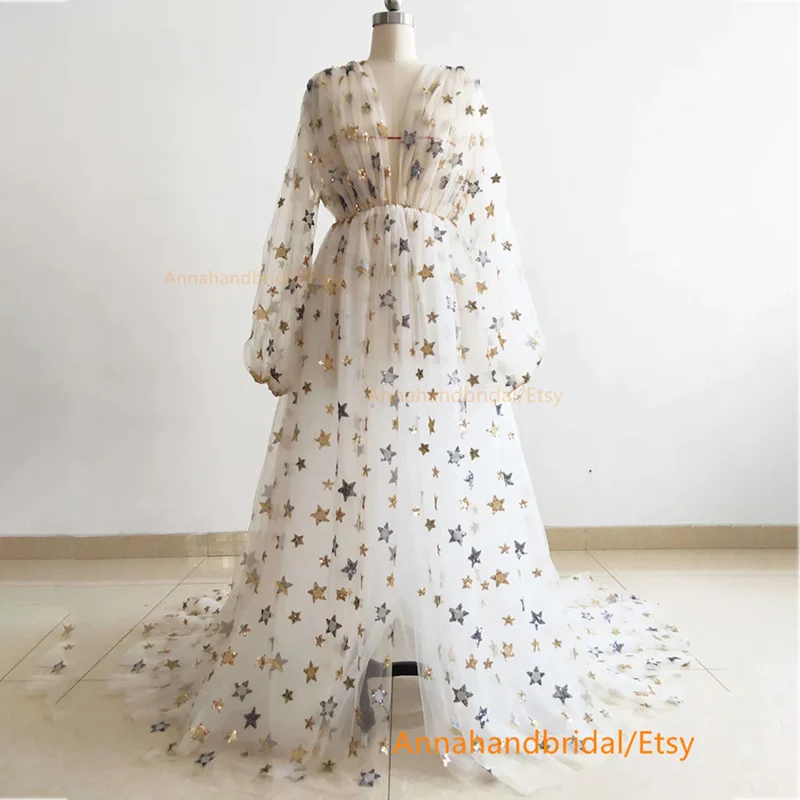 

Star Sequined Maternity Gowns Long Sleeve Maternity Dresses for Photo Shoot Boudoir Lingerie Bathrobe Nightwear