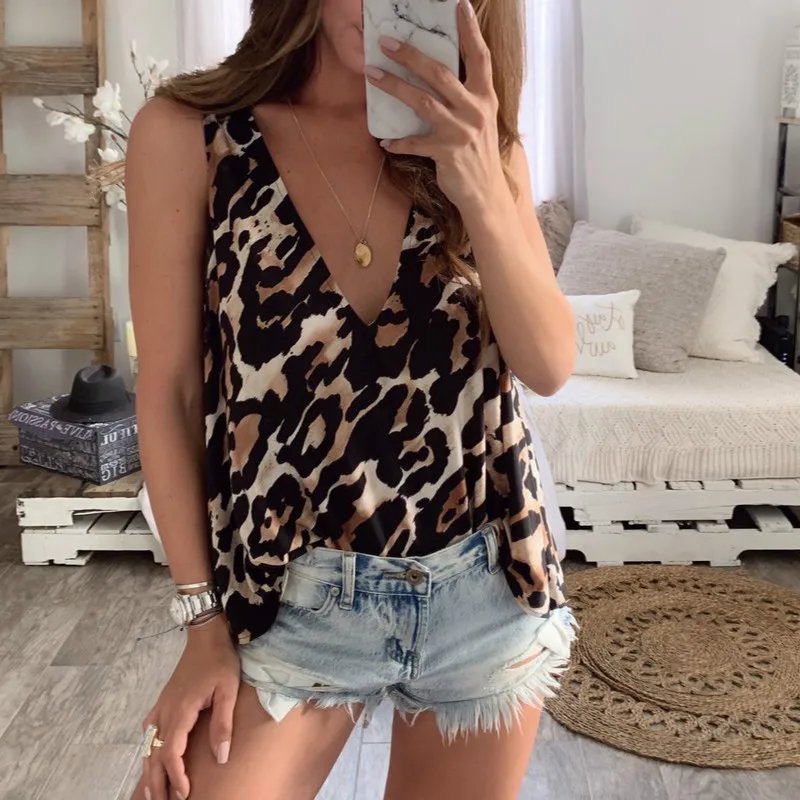 2019 Сексуальная женская блузка без рукавов с леопардовым принтом женские рубашки