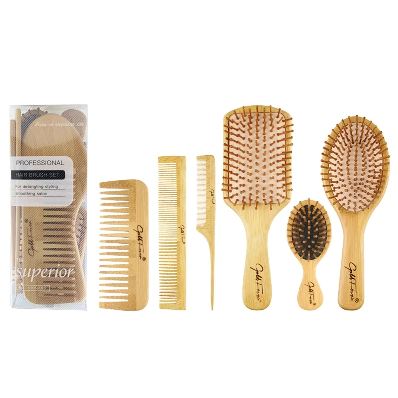 

6Pcs Wood Combs Set Healthy Paddle Scalp Hairbrush Bamboo Cushion Head Massage Brush Hair Care