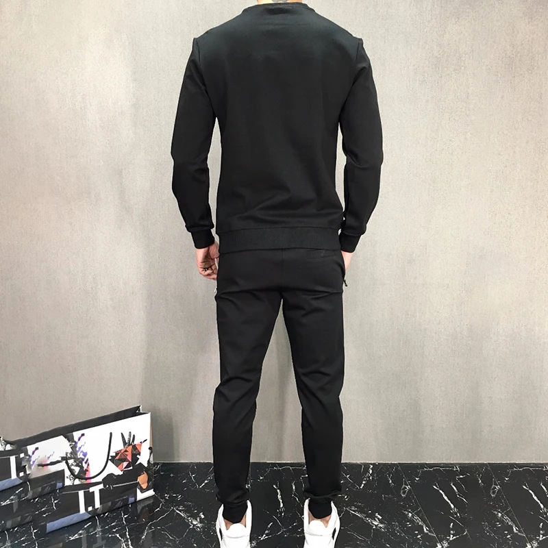 Beading skull set men 2 piece suit black tracksuit long sleeve hoodie and pants sportswear Pearls track suits 4XL | Мужская одежда