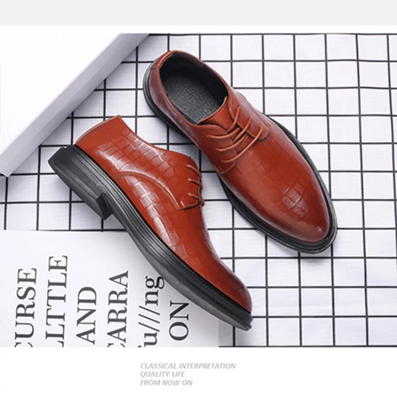 

2021 New Men's Leather Shoes Business Men's Leather Young Marriage Shoes Inner Height Slip-on Flat Casual Fashion Pointed Toe
