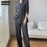plaid suits sets womens autumn new british style fashion elegant slim blouse casual wide leg pants profession two piece suit