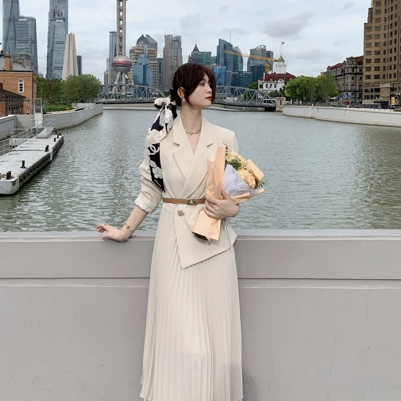 

OL Gentle Minimalist Autumn 2021 Work Wear Lapel Elegant Lace Up Solid Brief Sexy Chic Loose Dresses Female Vestidos