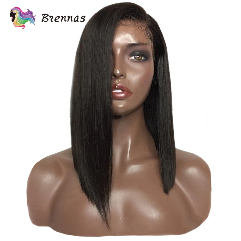Бразильские человеческие волосы Remy, боковая часть, короткий Боб, парик на кружеве, отбеленные узлы с детскими волосами, натуральный черный цвет для женщин