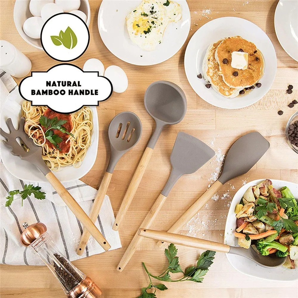 

Kitchen Utensils Set Silicone Cooking Tools Colander Soup Spoon Spatula Brush Pasta Server Egg Beater Food Tongs Kitchen Tools