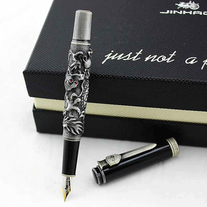 Jinhao винтажная Золотая-черная авторучка двойной дракон каллиграфия Fude Nib Металлическая резьба тиснение тяжелый подарок коллекция ручек