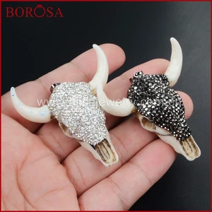 BOROSA Longhorn Resin Horn Cattle Pendants Bull Cattle Pendant Paved Black/White Zircon for Necklace Making JAB338 BOROSA Longhorn Resin Horn Cattle Pendants Bull Cattle Pendant Paved Black/White Zircon for Necklace Making JAB338