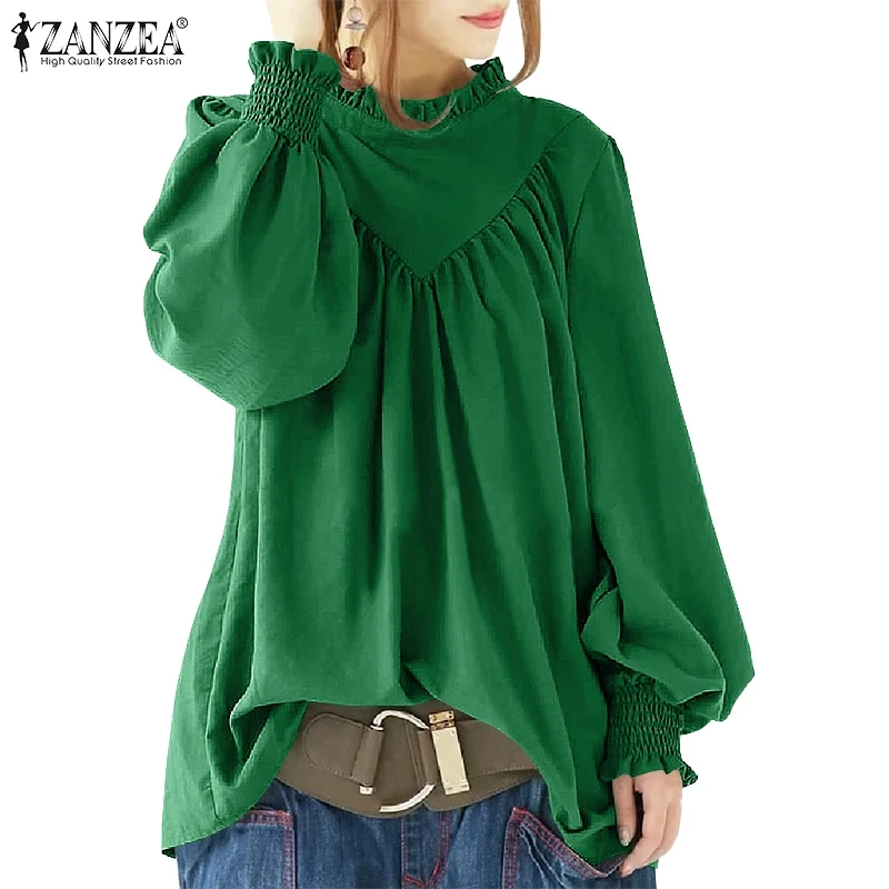 

Elegant Women Autumn Blouses ZANZEA 2022 Puff Sleeve Tops Casual Long Sleeve Blusas Female Pleated Tunic Chemise Tunic Oversized
