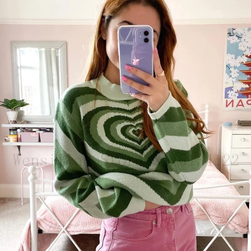 

Heart Striped Turtleneck Sweaters Women Y2K Aesthetics Sweater E-girl Sweet Pullovers Long Sleeve Hot Green Sweater 90s Knitwear
