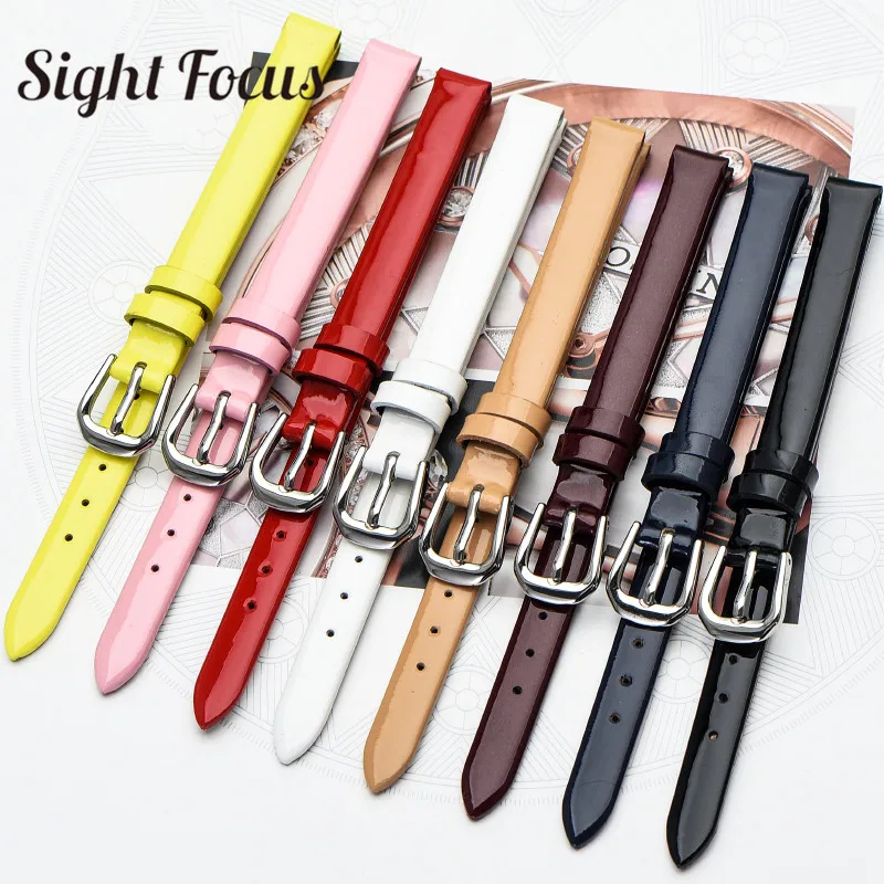 

Universal Genuine Patent Leather Watch Bracelet Women Thin Strap Mini Watch Band For Fossil CK Seiko Small Size Female Slim Band