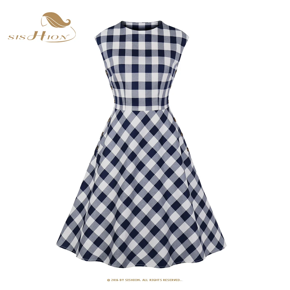 

2021 Новое поступление хлопковая Футболка в стиле ретро стиль 50-х 60-х годов платье в клетку на кнопках VD2064 без рукавов летние платья