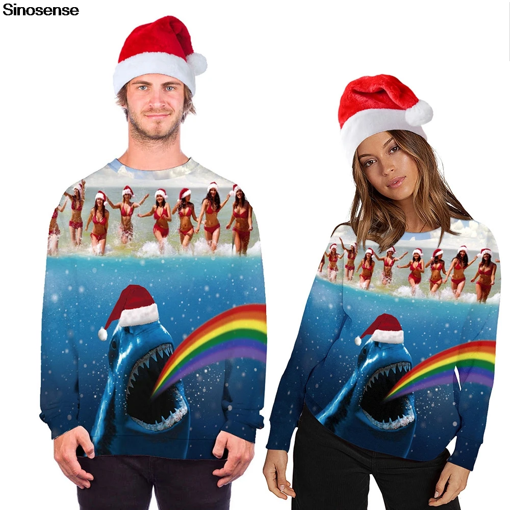 Новый 3D Забавный принт акулы уродливое Рождество свитшот пулловер Толстовка для