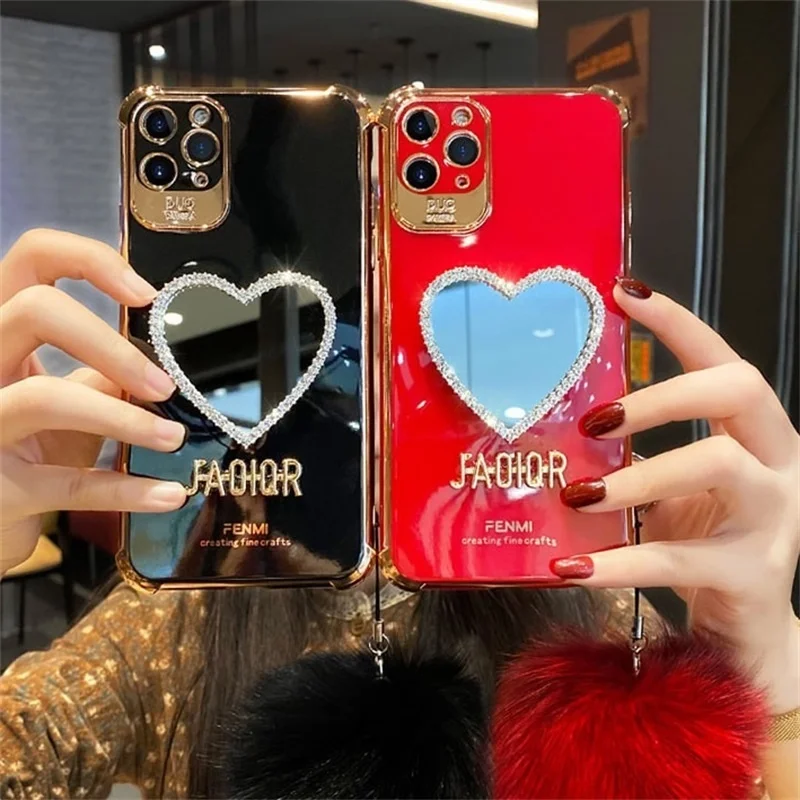 

Luxury Plating Love Heart Mirror Hairball Phone Case For Iphone 14 Pro Max 14 Plus INS Fashion Glitter Shockproof Silicone Cover