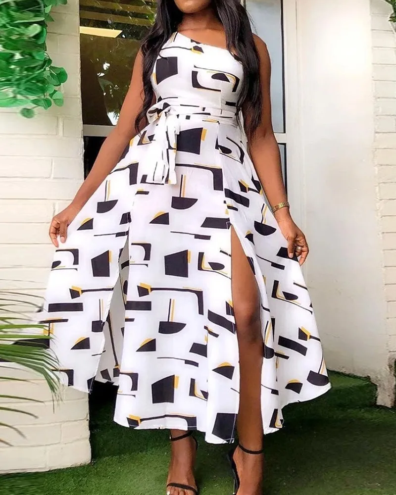 

MKD LUFI All Over Print One Shoulder Self Tie Split Thigh Dress Women Casual Summer Dress