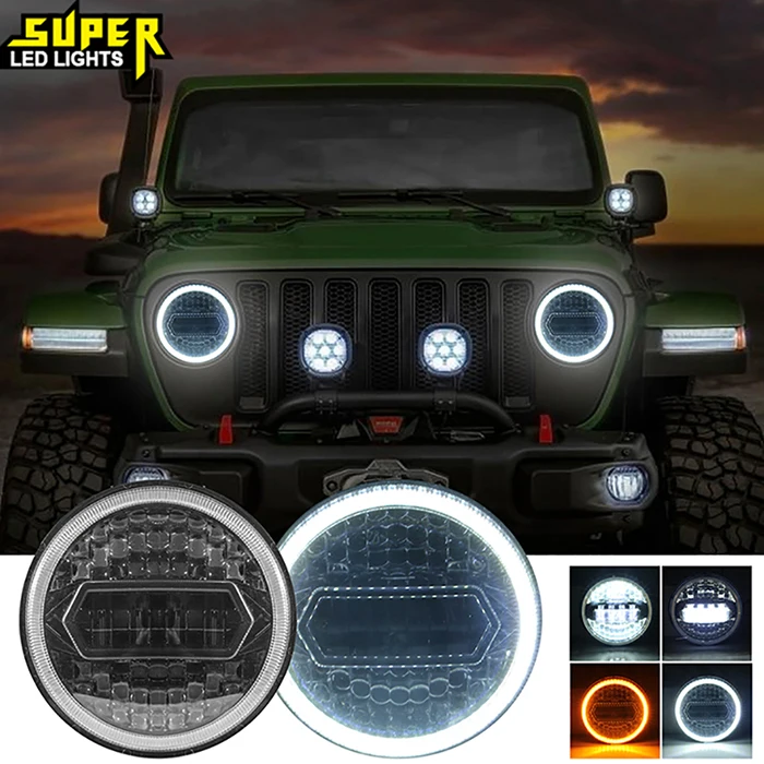 

7-дюймовый светодиодный Halo Фары с поворотом янтарно-Белый DRL совместим с Jeep Wrangler JK налобный фонарь-черный