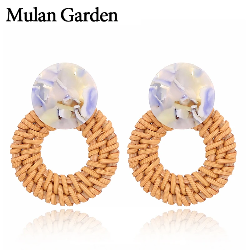 

M&G Round Handmade Rattan Bohemian Earrings for Women Geometric Rhinestone Pendant Ethnic Dangle Wood Earrings Fashion Jewelry