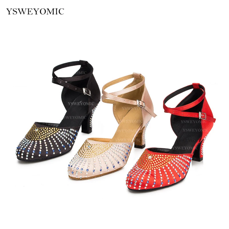3 Colors Ballroom Dancing Shoes Satin With Rhinestones For Women 6cm Latin Ballroom Standard Dance Shoes For Dance Competition