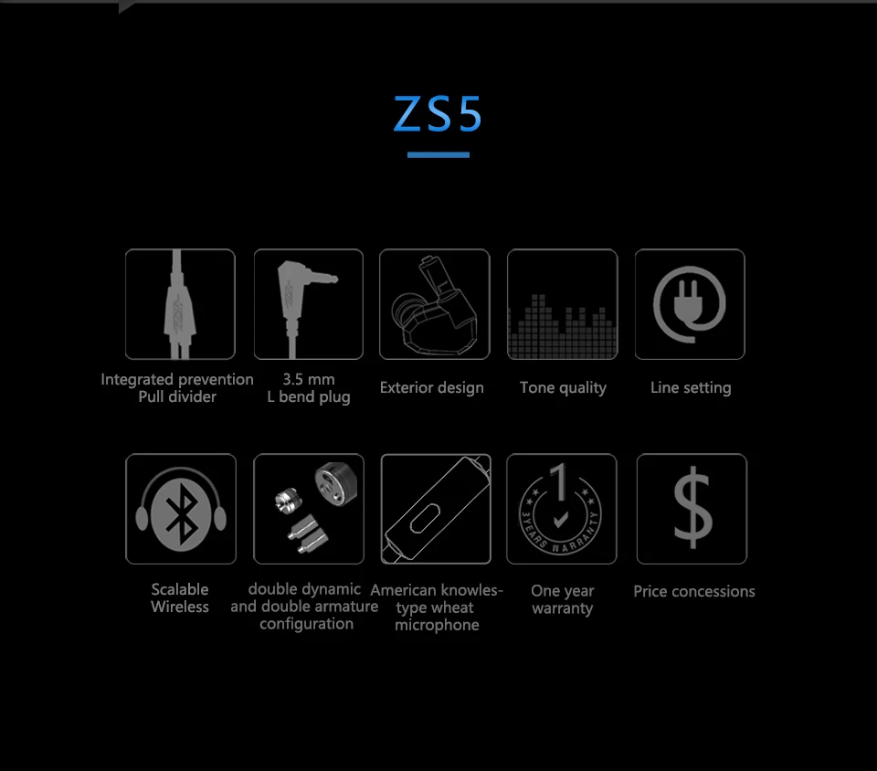 KZ ZS5 2DD+ 2BA гибридные наушники-вкладыши HIFI DJ Monito спортивные наушники для бега KZ ZS10/ZSN PRO AS10 AS16