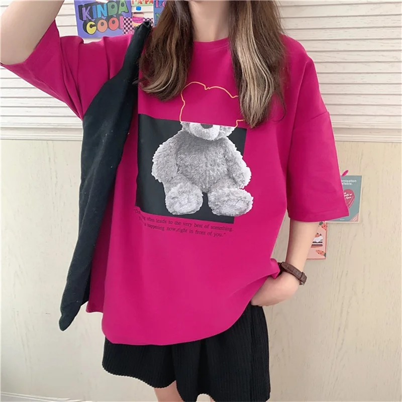 

2021 Vintage Bear Print Lazy Tshirt Women's T-shirts Tops Japanese Kawaii Ladies Ulzzang Female Korean Harajuku Clothes For Wome