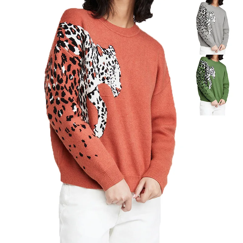 

Women Fashion Knitted Pullover Sweater Long Sleeve Round Neck Leopard Casual Sweaters Fall 2021 Women Clothing