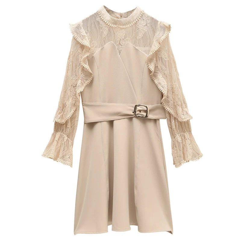 

A-Line Long Sleeve Lace Sexy Dress Vestidos Female 2021 Spring New Dress Women Korean Office Ladies Elegant Ruffles Dress Party