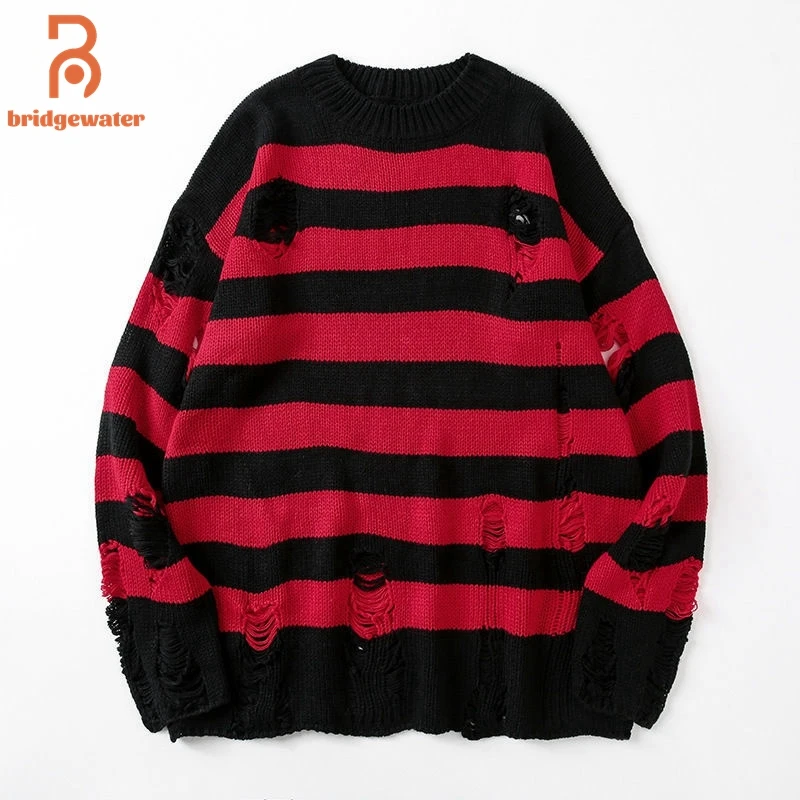 

BRIDGEWATER Striped Ripped Hole Sweater Autumn Winter Men Women Knitted Pullovers Couple Jumper Sweaters