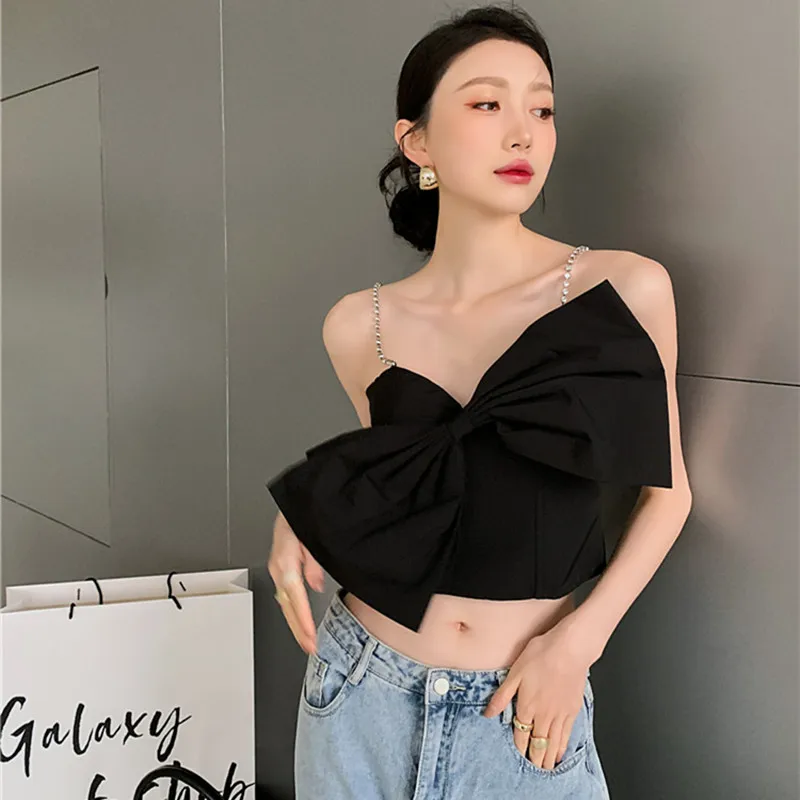 

Female Summer Black High Street Slim Bow Drill Chain Short Camisole Women Slim Fashion Designed Crop Top Ladies Brand Tops ML149