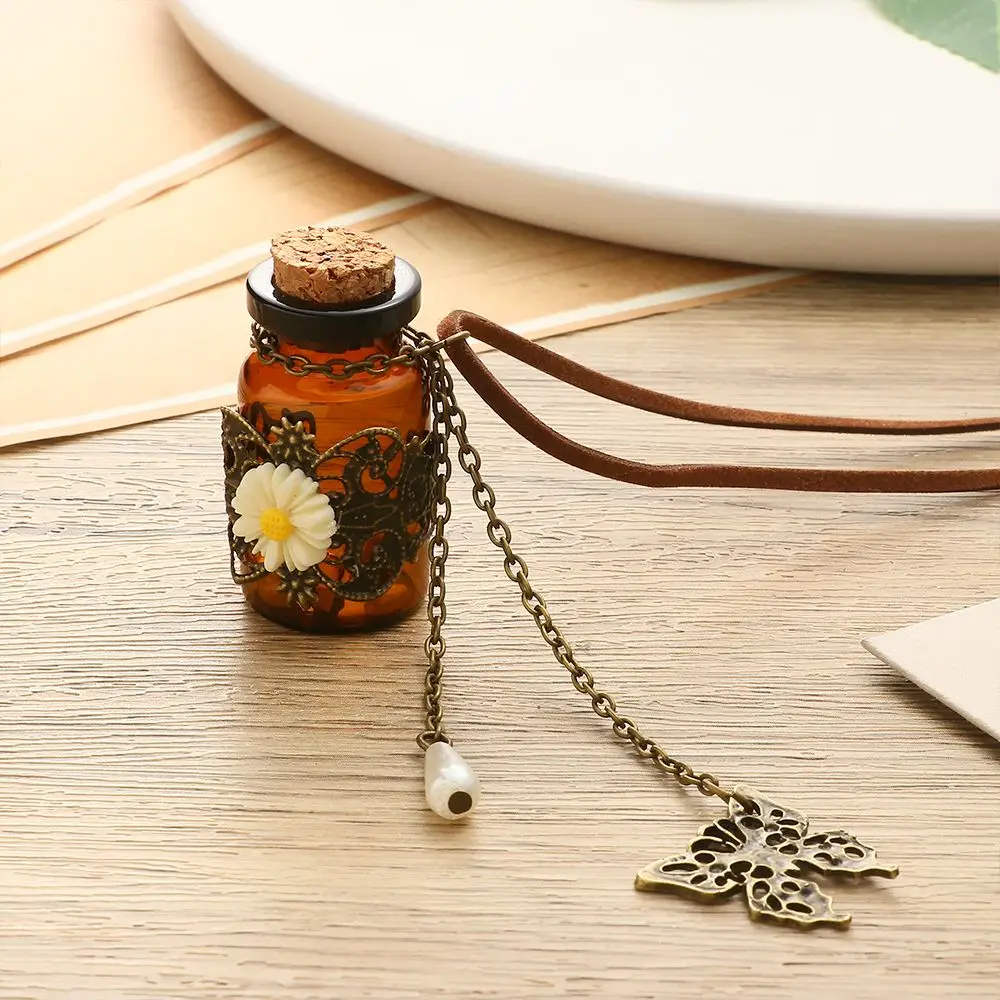 Retro Cork Long Leather Cord Butterfly Pearl Sweater Chain Wishing Bottle Necklace Glass Flask Pendant Carved Flower | Украшения и