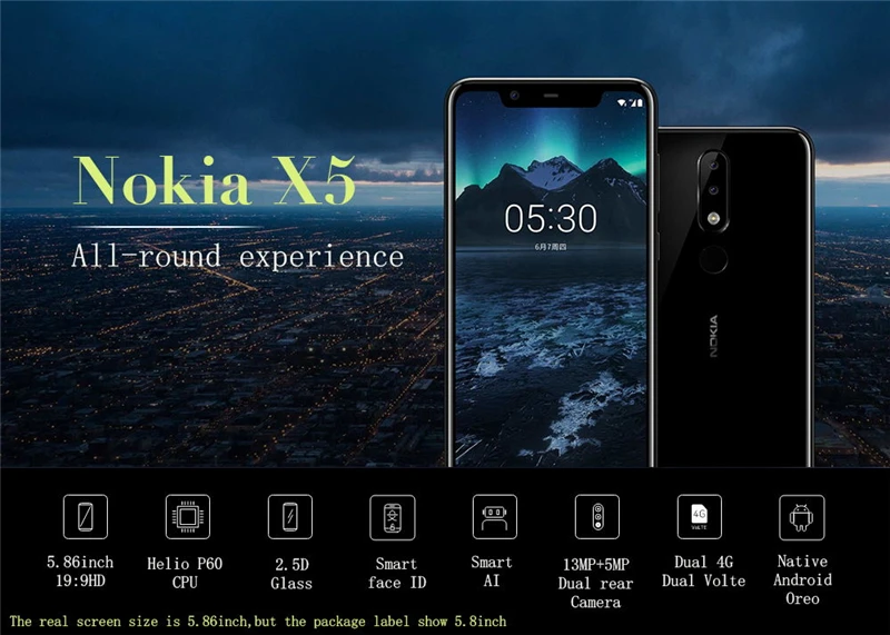 Смартфон Nokia X5 Android 9, 4 ГБ, 64 ГБ, 5,86 дюйма, Helio P60, Android 8, 3060 мА/ч, фронтальная, 8 Мп, задняя, 13 МП+ 5 МП, отпечаток пальца, мобильный телефон