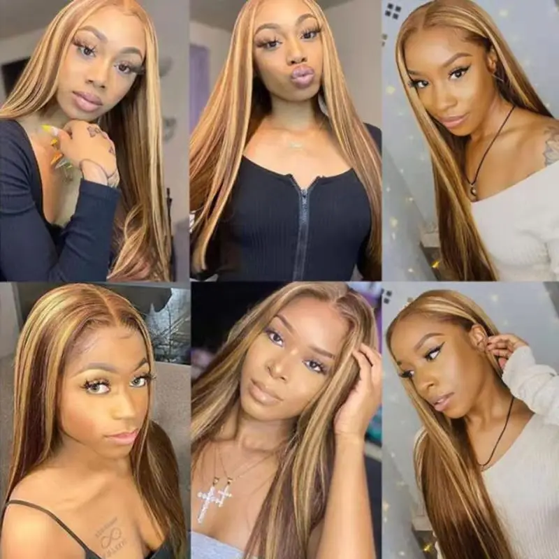 B4U Highlight Wig Human Hair Honey Blonde Transparent Lace Wigs Remy T Part Brazilian Bone Straight Front | Шиньоны и парики