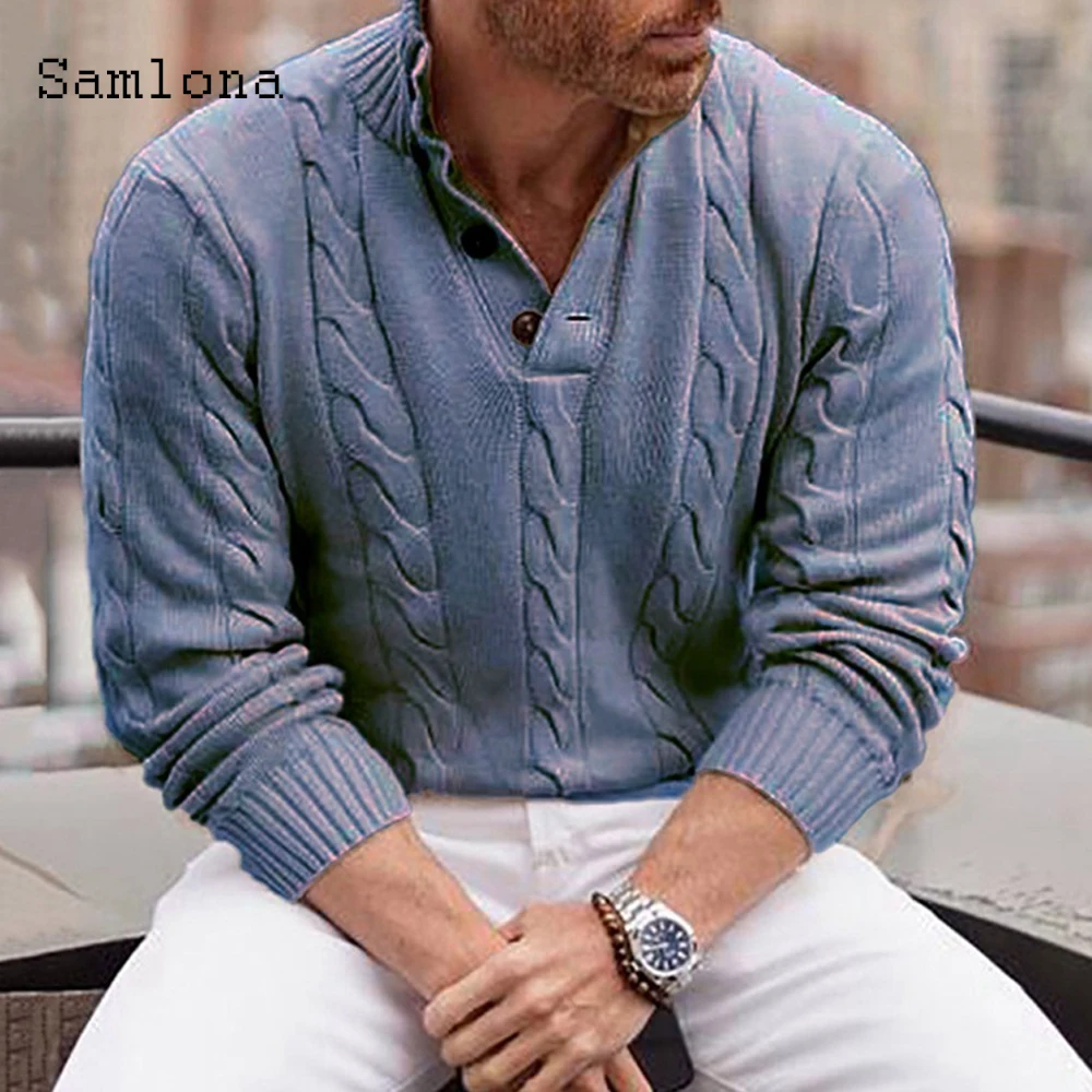

Samlona Autumn Winter Sweater Single-breasted Knitwear Men Smart Casual Pullovers Kpop Style Knitting Sweater Mens Clothing 2021