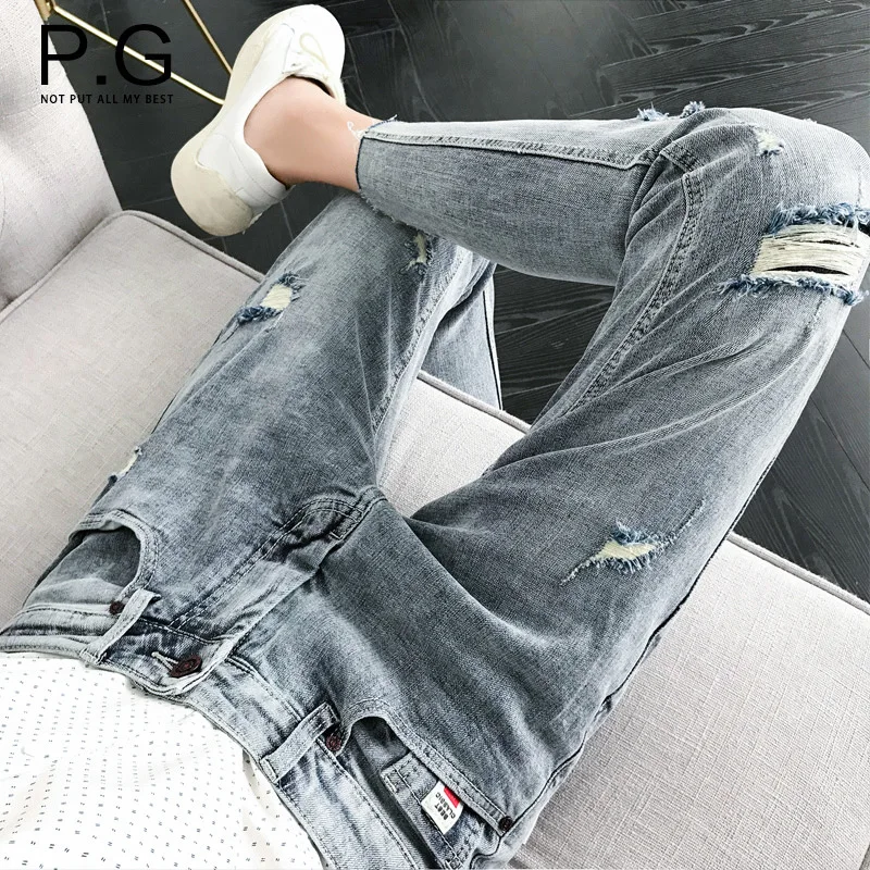 

Wholesale 2020 pencil pants men's feet pants trend beggar jeans wild summer Korean pants men's slim ripped hole skinny jeans men