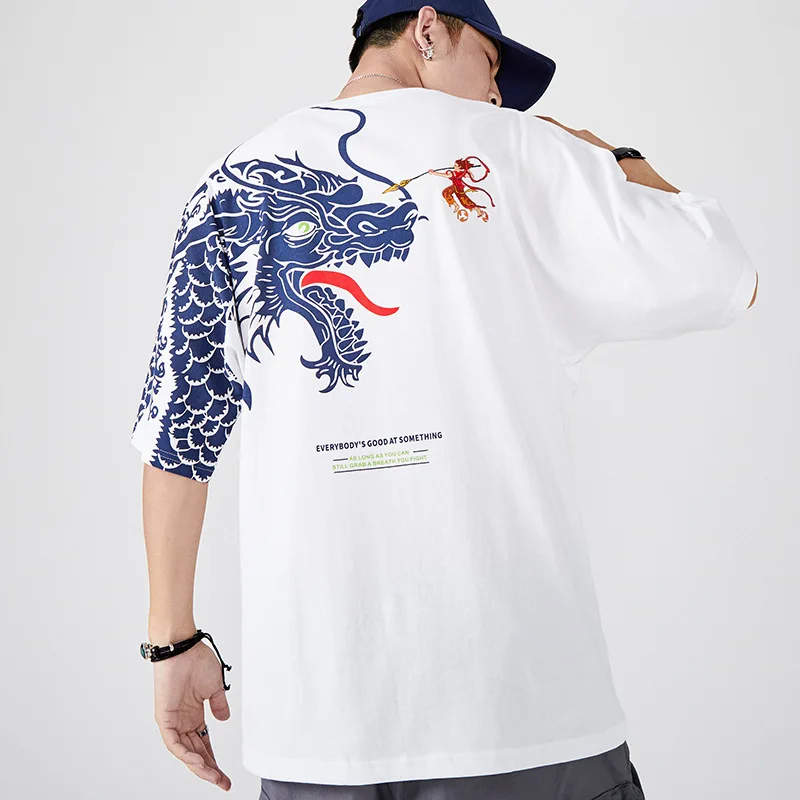2020 Summer men's t-shirt loose large size personalized cotton tide short-sleeved T-shirt male Chinese style Nezha embroidery | Мужская