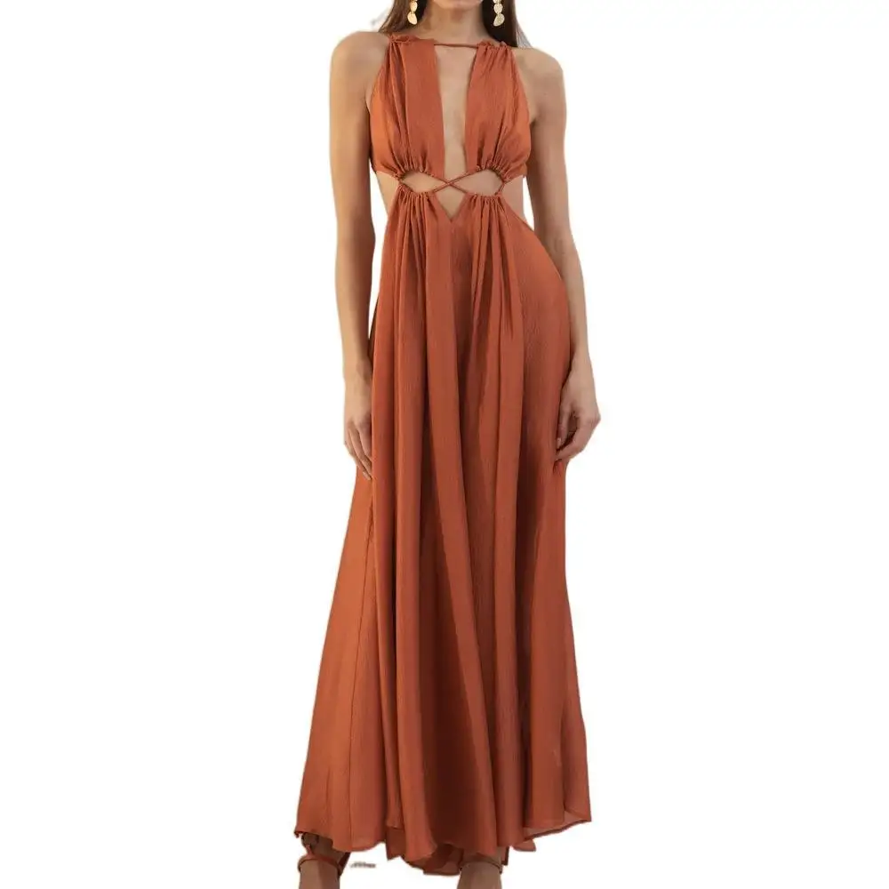 

TRODEAM New Women Summer Sexy Long Dress Maroon Color Sleeveless Maxi Dress Hollow Out Bodycon Party Dress vestidos de fiesta
