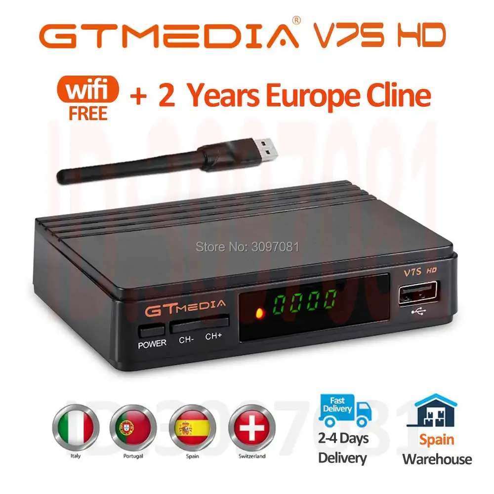 FTA DVB-S2 Gtmedia V7S HD спутниковый ТВ приемник Freesat V7 рецептор с USB Wifi Европа Cline для 2 yeas Испания Португалия