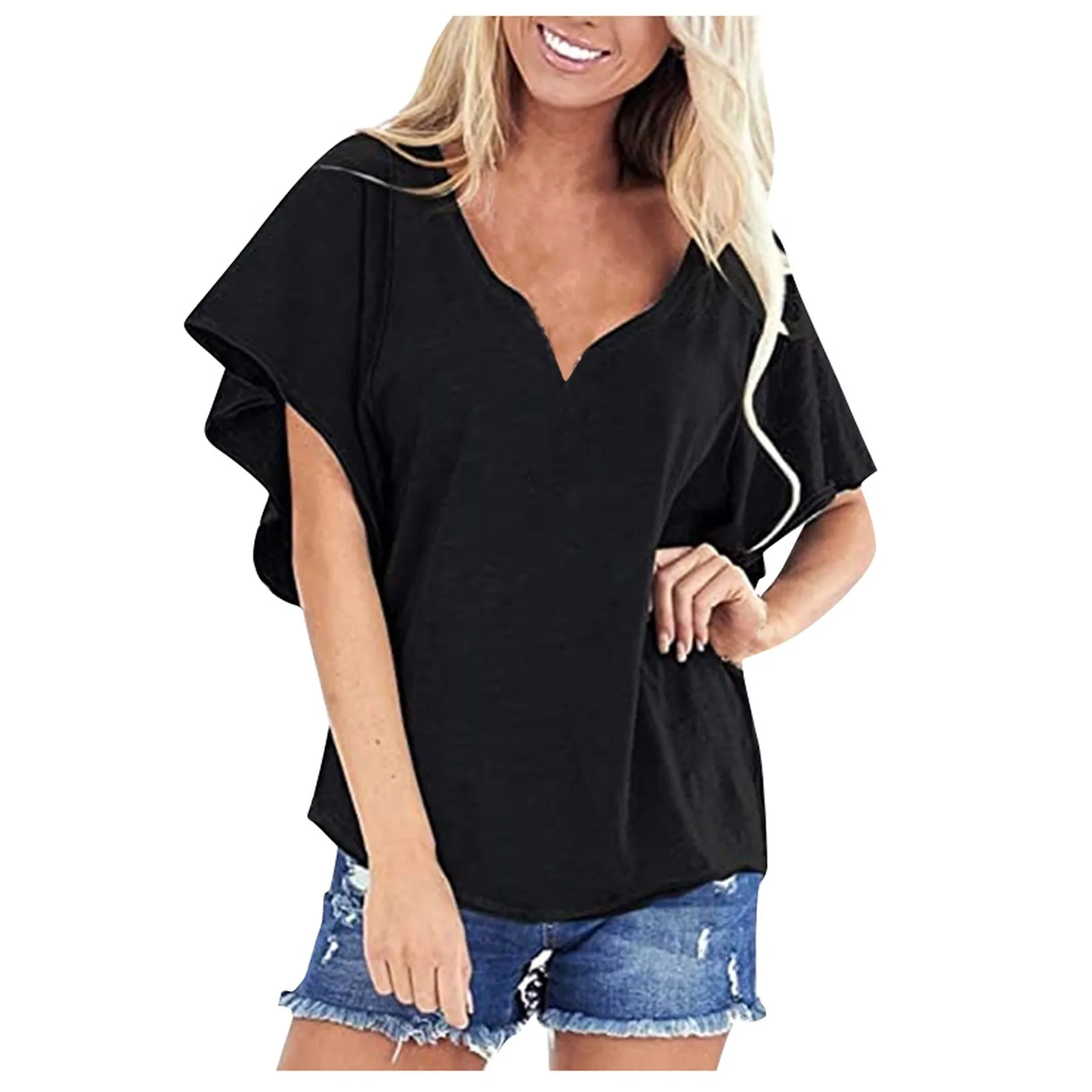 

50# Summer Plus Size Women's Casual T Shirt Fashion V-Neck Solid Color Loose Short-Sleeved T-Shirt 2021 футболка оверсайз