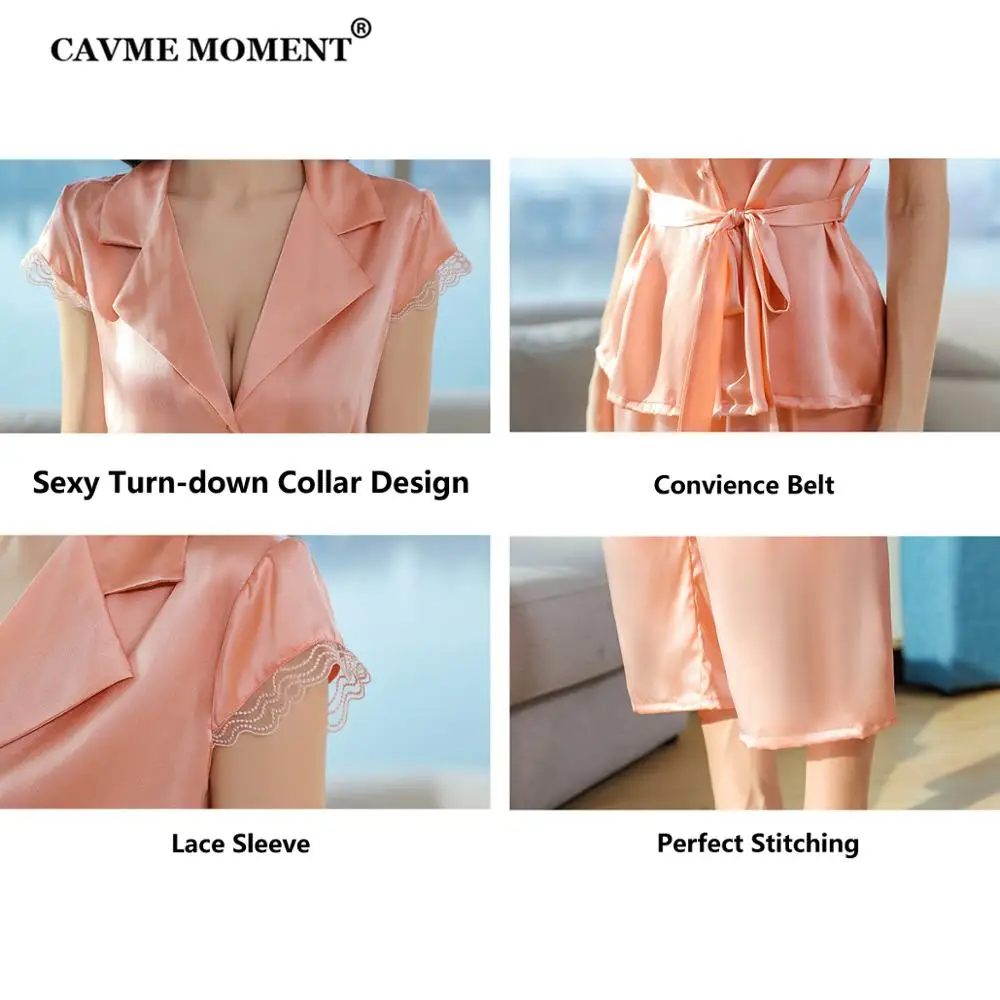 CAVME 100% Silk Pajama Sets for Women Luxury Sleepwear Short Sleeve Pants 2 pieces Pajama Solid Color PLUS SIZE