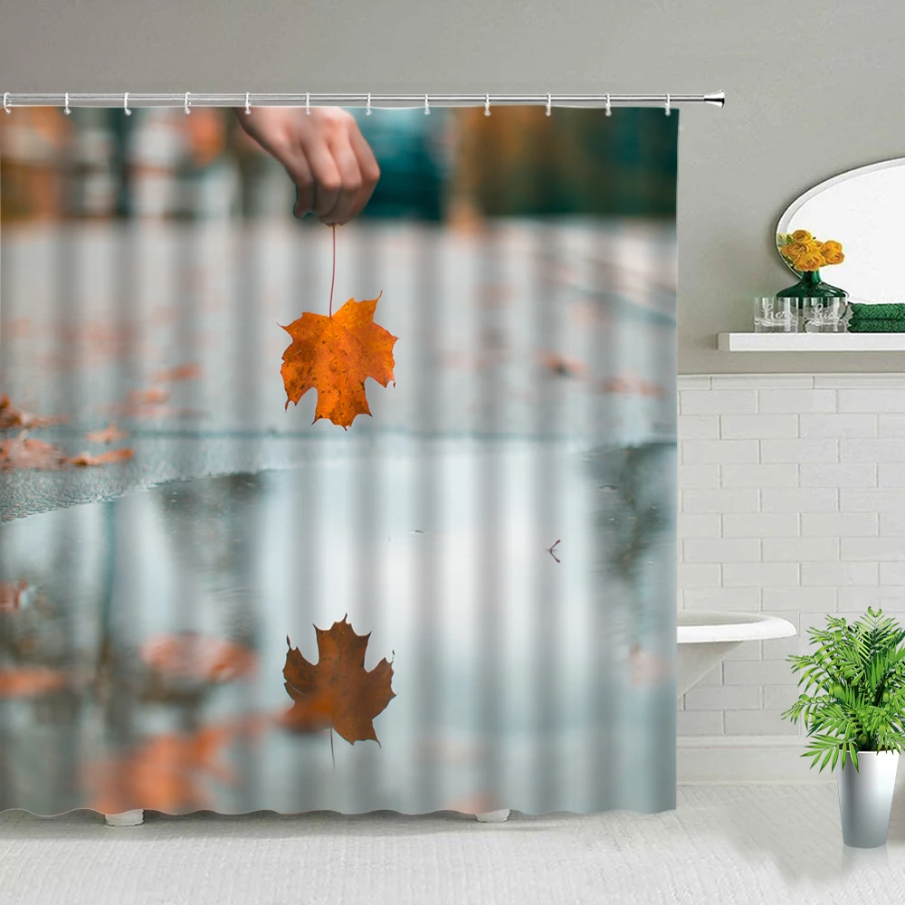 

Waterproof Shower Curtain Romantic Art Leaves Printed Bath Curtains Polyester Fabric Geometric Home Bathroom Decor With Hooks