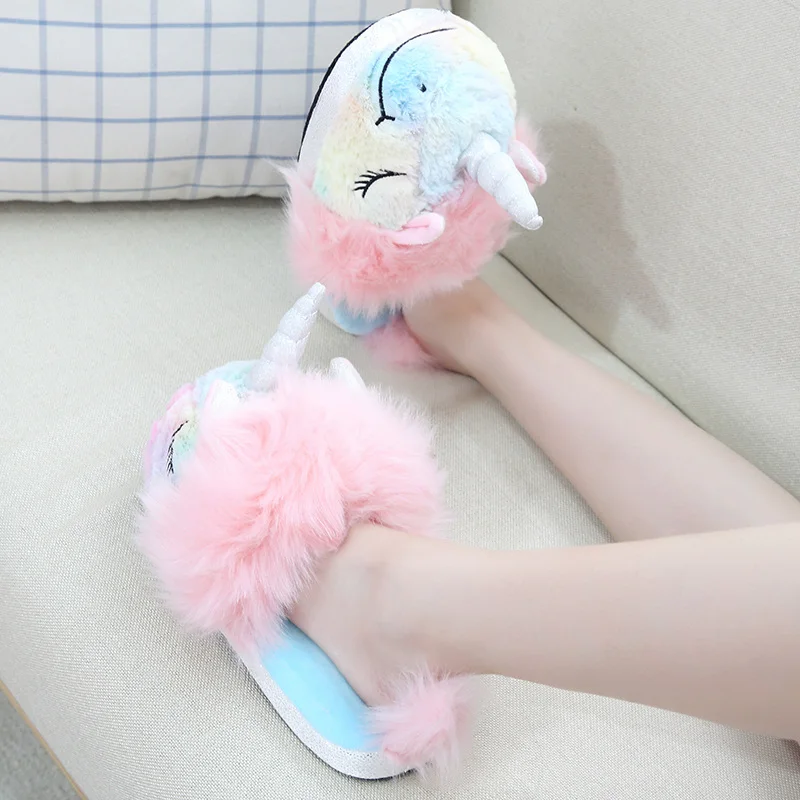 Cartoon Unicorn plush slippers female ins winter indoor soft bottom cute funny color pony cotton slippers children
