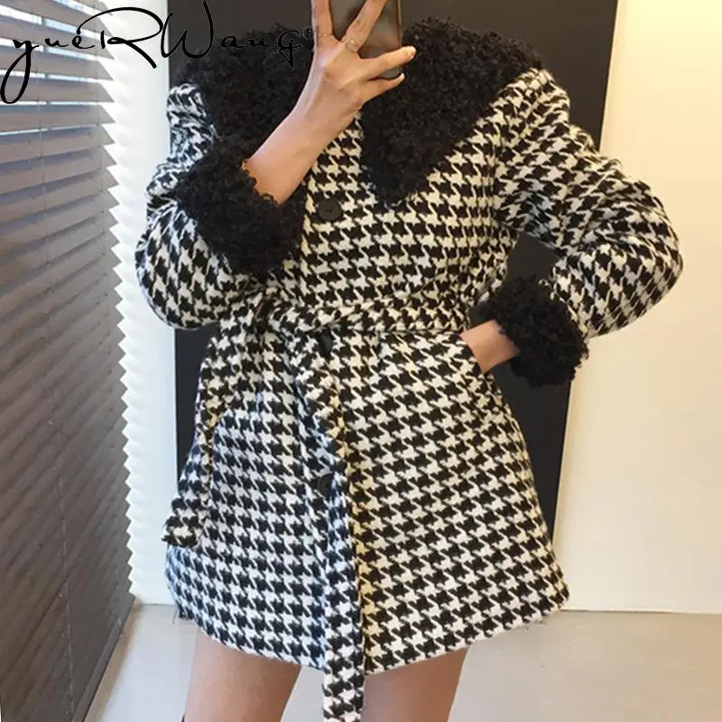 

Yuerwang Women Woolen Coat Furry Splicing Bandage Vintage Plaid Tweed Coats All Match Warm Lining Winter Winter Coat Women