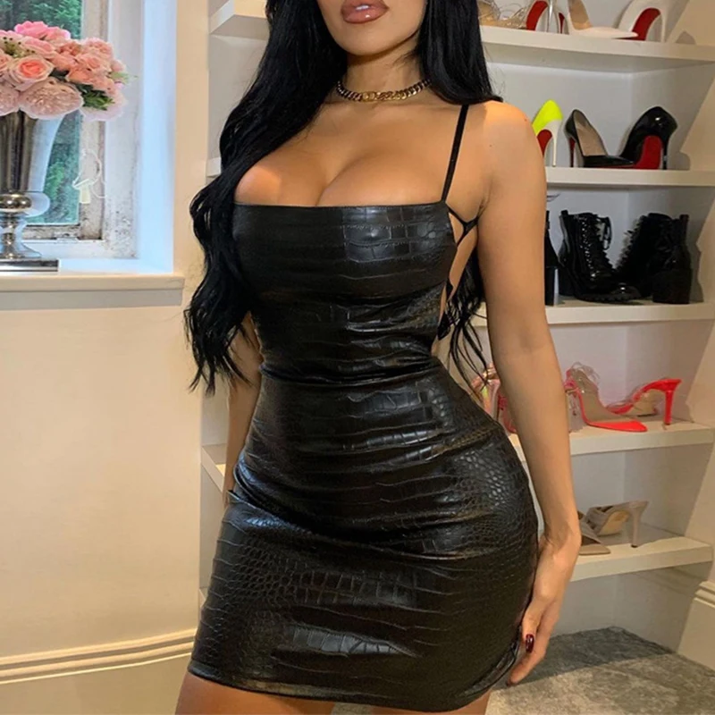 

Sexy Spaghetti Strap Dress Autumn Open Back Fashion Elegant PU Leather Mini Short Dresses