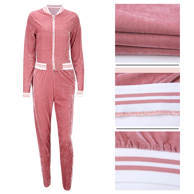 

Pink wine red 2 two-piece velvet sportswear velvet jacket women pants sportswear long-sleeved swimwear plus size winter warm