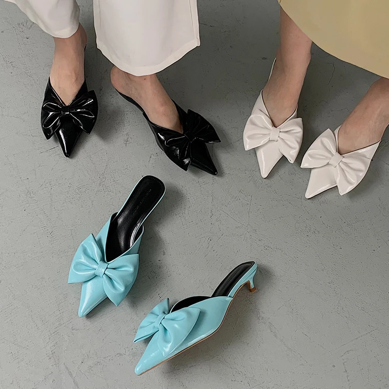 

Spring 2022 New Thin Heels Mules Slippers Women Fashion Pointed Toe Butterfly-knot Slides Casual Outdoor Shoes Ladies Pumps