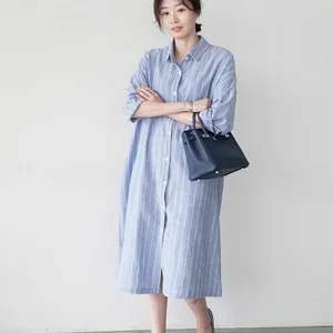 Женская длинная рубашка в полоску Johnature, Повседневная Свободная блузка в Корейском стиле, с отложным воротником, на пуговицах, летний сезон 2021