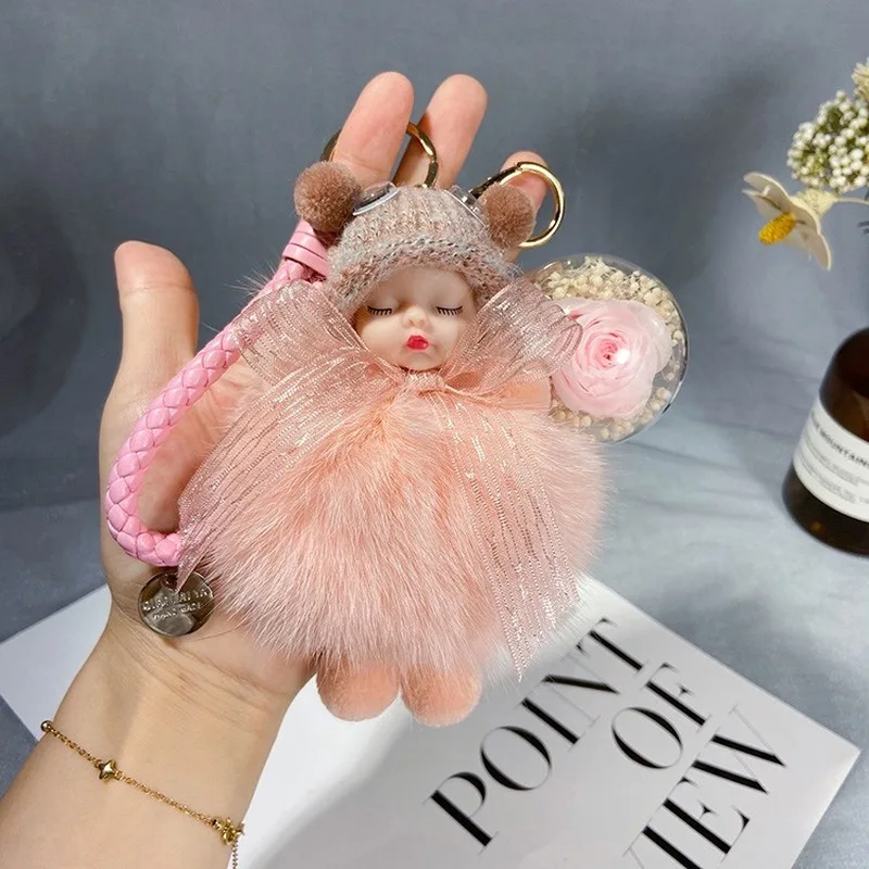 

Creative Bow Soft Cute Doll Keychain Cute Fox Fur Doll Rose Eternal Flower Accessories Gift Keychains Keychain for Girls