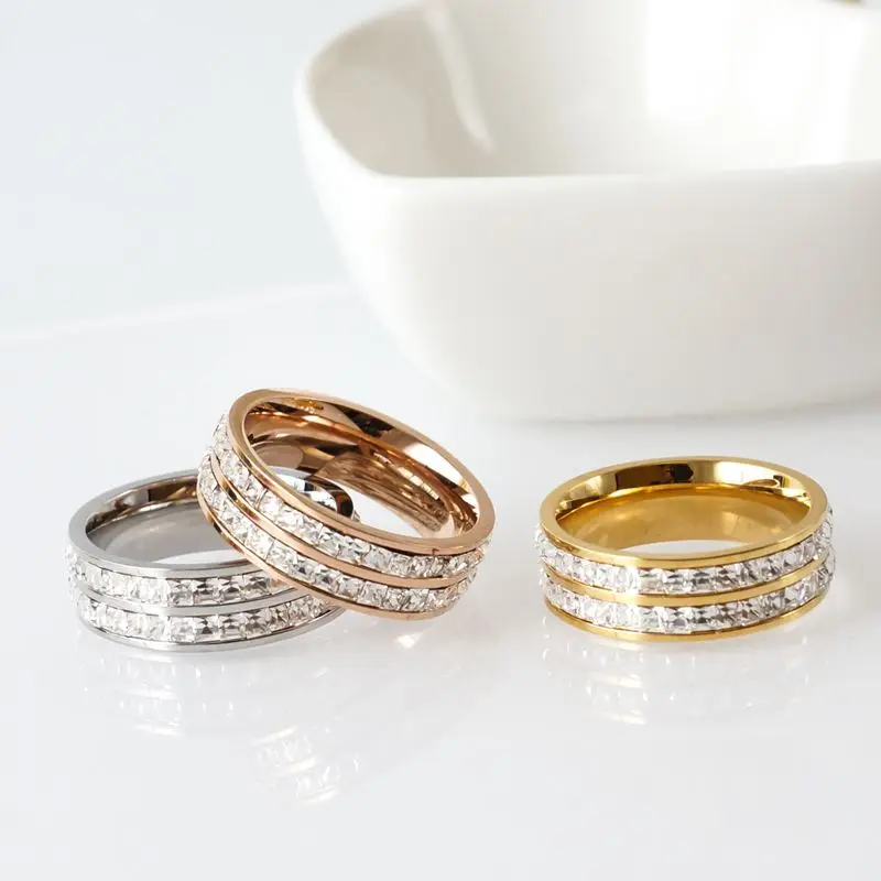 

Classic Wedding Women Ring Simple Finger Rings With Middle Two layers CZ Stones Understated Delicate Female Engagement Jewelry