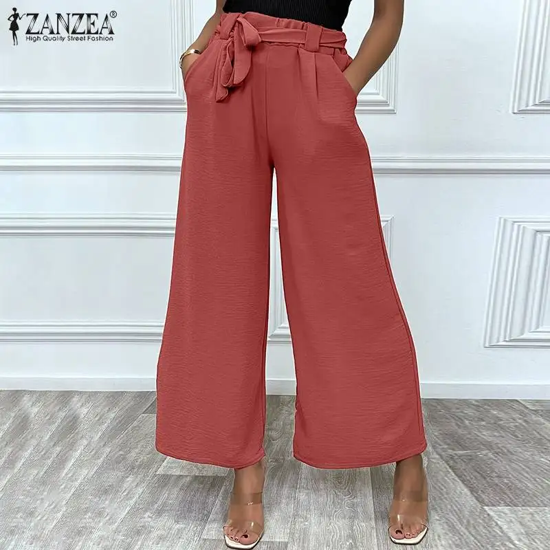 

ZANZEA Vintage Straight Pantalon 2021 Autumn Loose High Waist Trouser Lady Casual Belted Office Pant Womens Solid Wide Leg Pants